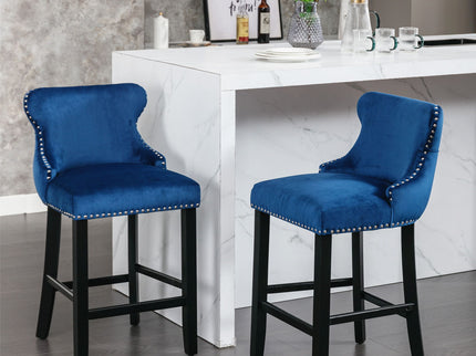 Contemporary Upholstered Wing-Back Barstools With Button Tufted Decoration And Wooden Legs, And Nailhead Trim, Leisure Style Bar Chairs, Bar Stools (Set of 2)