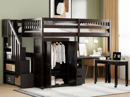 Loft Bed With Stairs, Bookshelf, Drawers, Desk & Wardrobe, Space Saving Multifunctional Furniture
