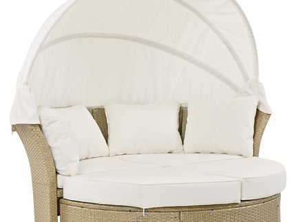 Outdoor Patio Daybed Wicker Rattan Double Daybed Round Sofa Furniture Set With Retractable Canopy, 4 Pillows For Lawn Garden