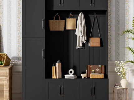 Tall Hall Tree With Shoe Storage, 4 In 1 Entryway Bench With 6 Cabinets, 4 Coat Hooks & Adjustable Shelf For Hallway - Black