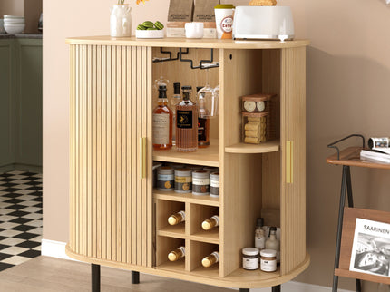 Fluted Wine Bar Cabinet With 8 Grid Wine Rack, 5 Level Adjustable Shelves, 2 Glass Holders