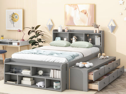 Bed With Bookcase Headboard, Under Bed Storage Drawers And Bed End Storage Case
