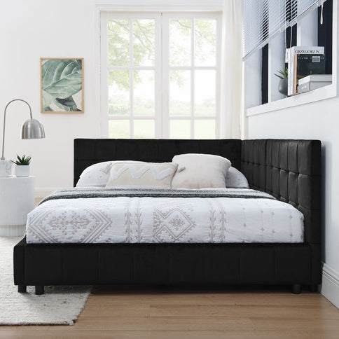 Storage Elegant Upholstered Tufted Bed Frame With Backrest And Armrests