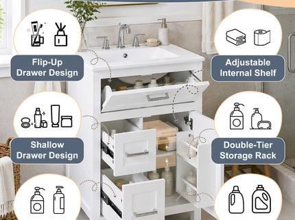 Modern Bathroom Vanity With Sink, Flip Drawer & 2 Drawers, Soft Close Hinges, Adjustable Shelf