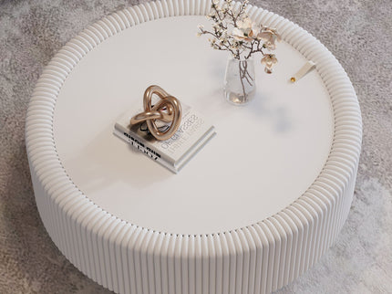 Round Fluted Coffee Table, Base & Hidden Storage - Snow White