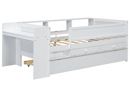Twin Daybed With Drawers, Trundle, Headboard Storage, Study Desk, And USB Charging Station - White