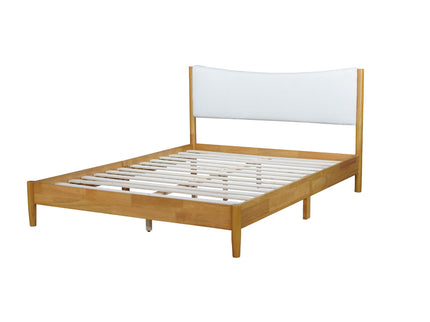 Queen Size Rubber Wooden, Solid Wooden Bed With Teddy Velvet Cushion Upholstered Headboard, Enhanced By Support Feet - Natural