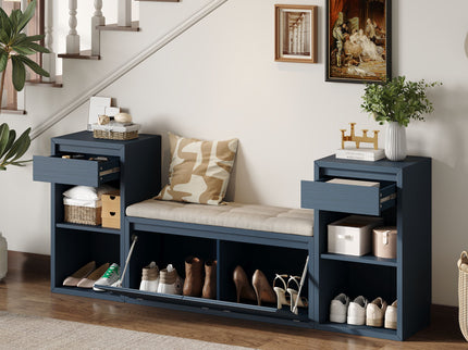 Entryway Storage Bench With Cushion, Drawers & Open Shelves