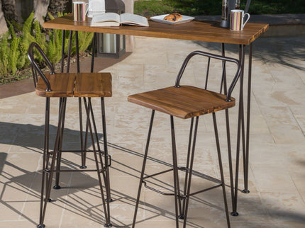 Dione Outdoor Industrial Acacia Wood Bar Set With Metal Frame And Slat Paneling - Brown