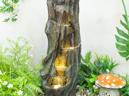 Tree Trunk Cascading Water Fountain, Outdoor LED Lighted - Gray