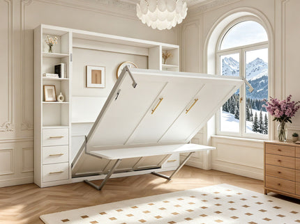 Queen Size Murphy Wall Bed With Side Storage Cabinets - White