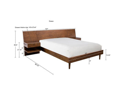Queen Size Bed With Attached Nightstands And Hidden Storage - Pecan