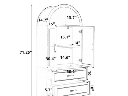Arched Top Storage Cabinet With Fixed 2 Tier Shelves, 2 Large Drawers