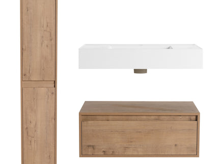 Modern Wall Mounted 30 Inch Bathroom Vanity With Resin Sink And 2 Side Cabinet In Imitative - Imitative Oak