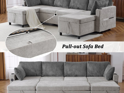 Sectional Sofa Bed With Pull Out Sleeper, USB Ports, Cup Holders