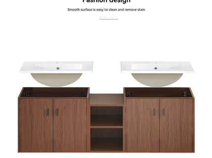 Soft Close Doors Bathroom Vanity With Small Storage Shelves, 24" And 12" Combination Cabinet - Reddish Brown