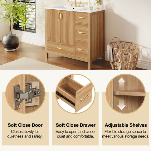 Bathroom Vanity, 2 Soft Close Doors, 4 Soft Close Drawers, Adjustable Shelf, Storage Cabinet - Acacia Wood