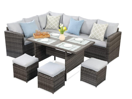 7 Piece All Weather Patio Dining Set With Cushions, Sectional Sofa, Ottomans & Table For Backyard - Gray / Brown