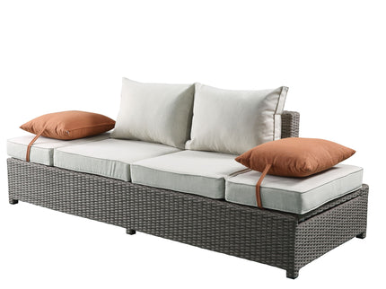 Salena - All Weather Wicker Patio Sofa & Ottoman With 2 Toss Pillows - Beige / Gray