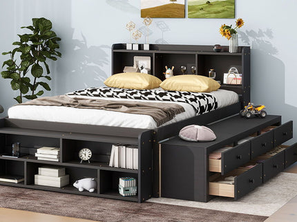 Bed With Bookcase Headboard, Under Bed Storage Drawers And Bed End Storage Case