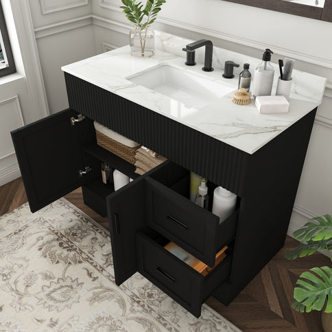 Bathroom Vanity Set, Fluted Cabinet, 3 Faucet Holes, Sink Included - Black