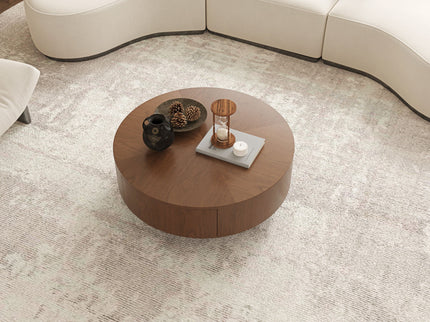 Drum Shaped Coffee Table With Hidden Storage Drawer, Low Profile For Living Room - Walnut