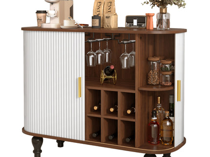Fluted Liquor & Coffee Bar Cabinet With 6 Wine Racks And 3 Glass Holders