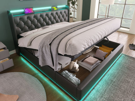 Upholstered Bed, 360 Surround LED Function, Remote Control, Hydraulic Storage Bed With USB, Type-C Charging (Without Mattress)
