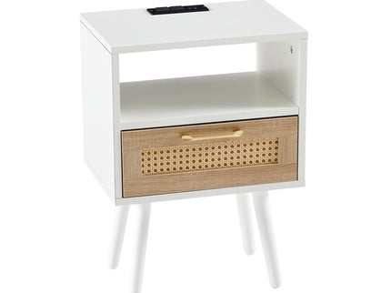 15.75" Rattan End Table With Power Outlet & USB Ports, Modern Nightstand With Drawer And Solid Wood Legs, Side Table For Living Room, Bedroom