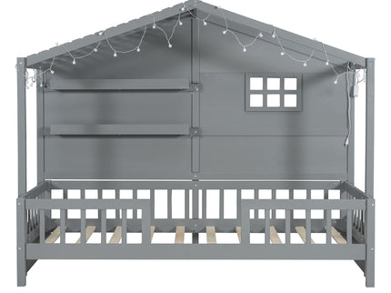House Bed With Shelves, Window And Sparkling Light Strip On The Roof