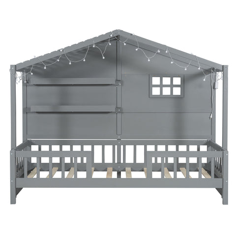 House Bed With Shelves, Window And Sparkling Light Strip On The Roof