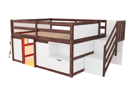Low Loft Bed Frame With Built In Stairs, Storage Drawer, Shelf And 7 Color LED Light