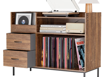 Eco-Friendly Vinyl Record Player Stand With Flip-Top Storage, Media Console With Dual Outlets And Dustproof Drawers