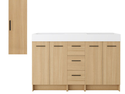 Double Sink Bathroom Vanity Set With Tall Linen Cabinet, 3 Drawers, Extra Large Storage, Integrated Sink, Freestanding Cabinet - Light Oak / White