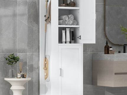 Tall Freestanding Bathroom Storage Cabinet With Adjustable Shelves And Side Hooks