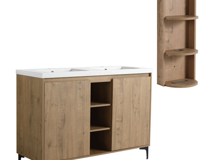 Elegant 48" Freestanding Bathroom Vanity With Double Resin Sink And Storage Rack Soft Close Doors - Imitative Oak