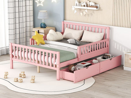 Platform Bed With Guardrails On Both Sides And 2 Storage Drawers