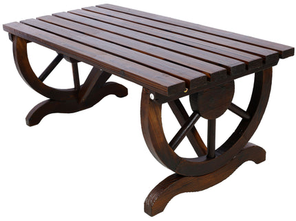 Rustic Wooden Bench With Wagon Wheel Legs For Garden And Patio - Brown