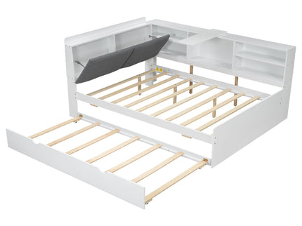 Platform Bed With Trundle, Shelves, And Storage Headboard
