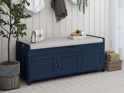 Storage Bench With 3 Shutter-Shaped Doors, Shoe Bench With Removable Cushion And Hidden Storage Space