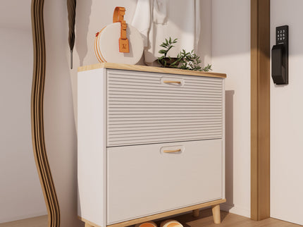 Narrow - Entryway Shoe Storage Cabinet With 2 Flip Drawers Legs - Natural / White