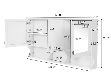 Wall-Mounted Mirror Medicine Cabinet With Adjustable Shelf And Open Shelves, Bathroom Storage Cabinet Over Toilet - White