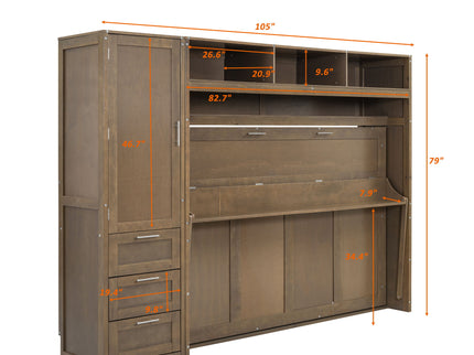 Full Size Murphy Bed With Wardrobe, Drawers, And Open Shelves - Wood