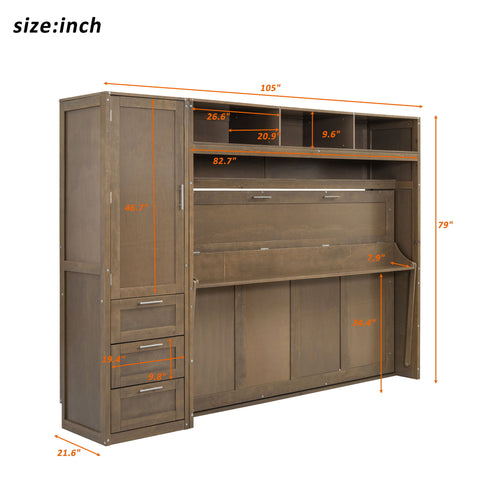 Full Size Murphy Bed With Wardrobe, Drawers, And Open Shelves - Wood