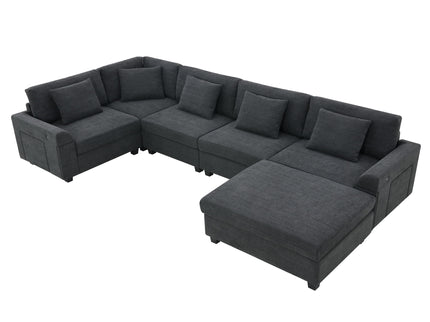 U Shaped Sectional Sofa 6 Seat Couch Set With Oversized Ottoman, Hidden Armrest Storage And Cup Holders USB Charging Ports Wide Seat Sofa