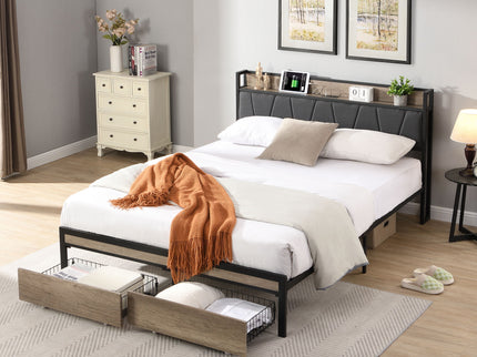 Modern Bed Frame With LED Lights, Upholstered Headboard, USB Charging