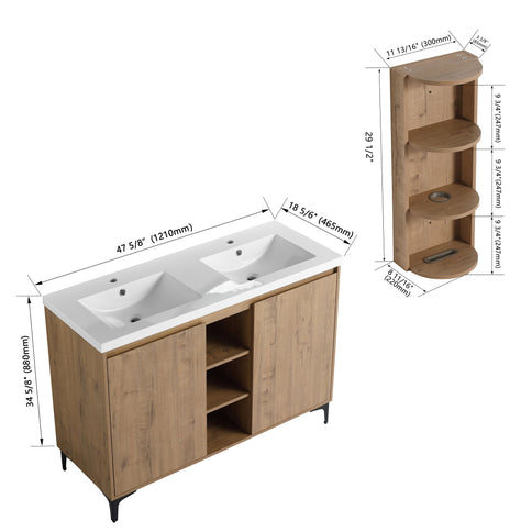 Elegant 48" Freestanding Bathroom Vanity With Double Resin Sink And Storage Rack Soft Close Doors - Imitative Oak