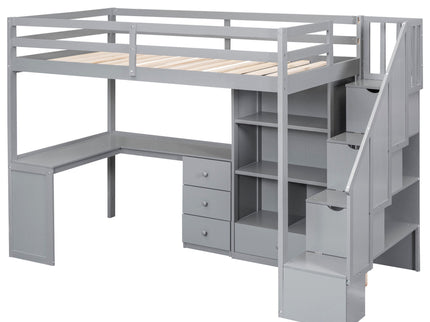 Loft Bed With L Shaped Desk, Drawers, Cabinet, And Storage Staircase