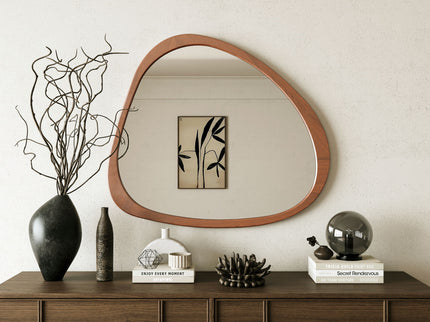 Asymmetrical Wall Mirror Wooden Framed Mirror Large Sized Dressing Mirror, For Living Room, Bedroom, Bathroom, Hallway Or Entry Way - Natural Wood
