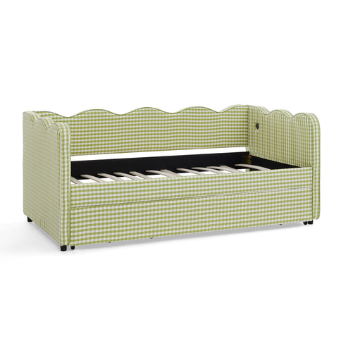 Gingham Daybed With USB Charging Port, Wave-Shaped Design